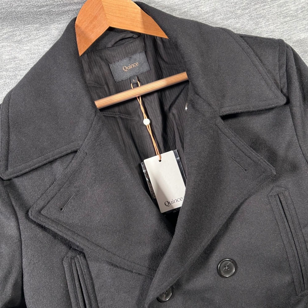Quince Italian Wool Peacoat Mens Large Black Double Breasted Italy NWT
